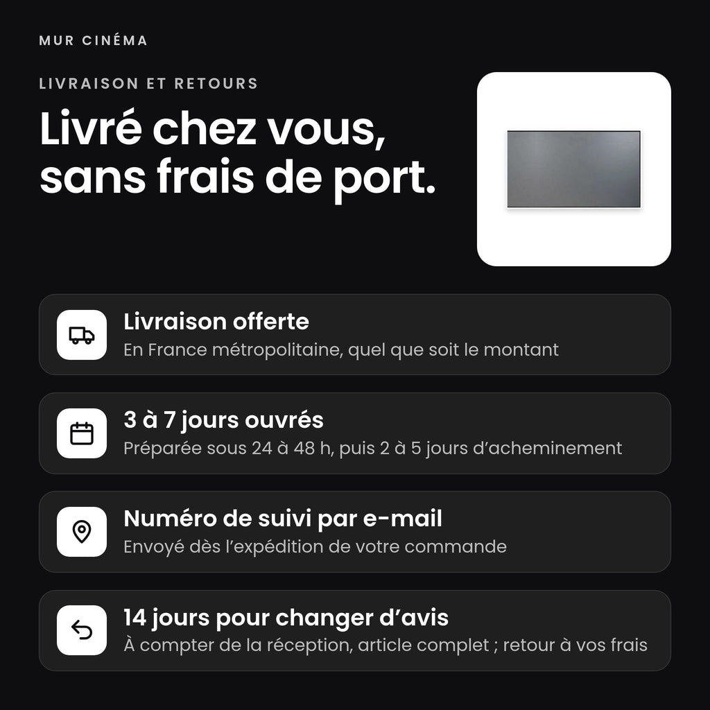 Visuel Mur Cinéma : livraison offerte, suivi par e-mail et 14 jours pour changer d'avis