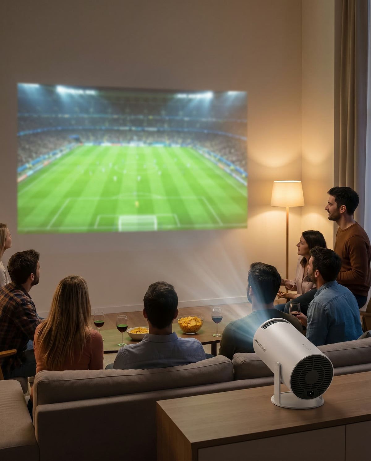 Groupe d'amis devant un match projeté sur le mur du salon