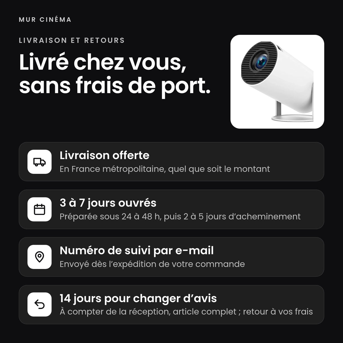 Visuel Mur Cinéma : livraison offerte, suivi par e-mail et 14 jours pour changer d'avis
