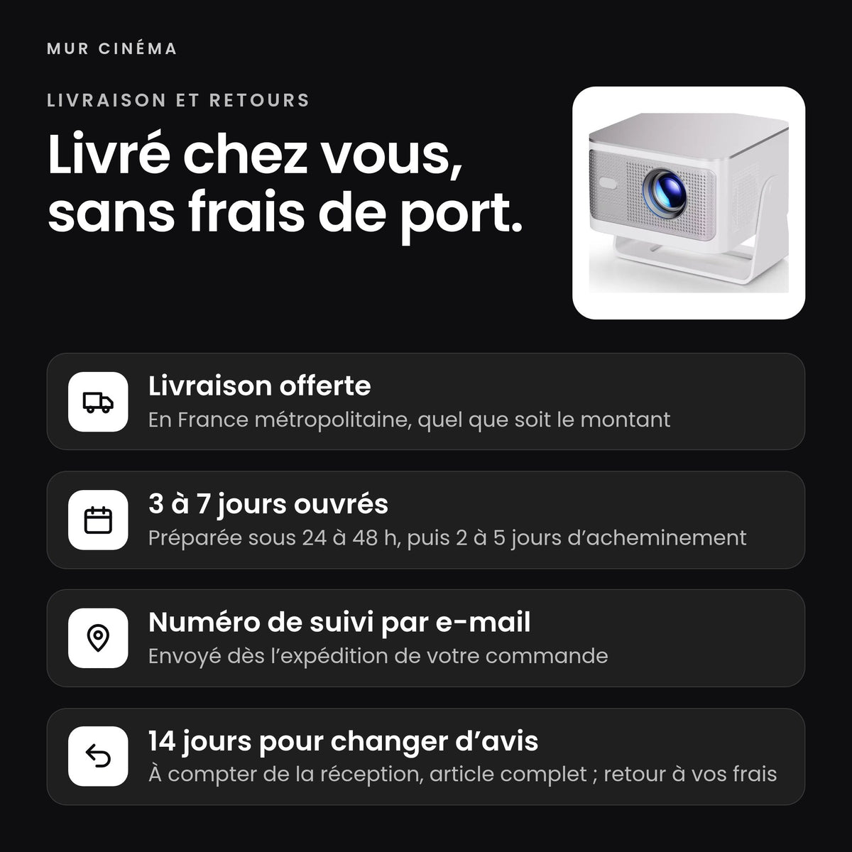 Visuel Mur Cinéma : livraison offerte, suivi par e-mail et 14 jours pour changer d'avis