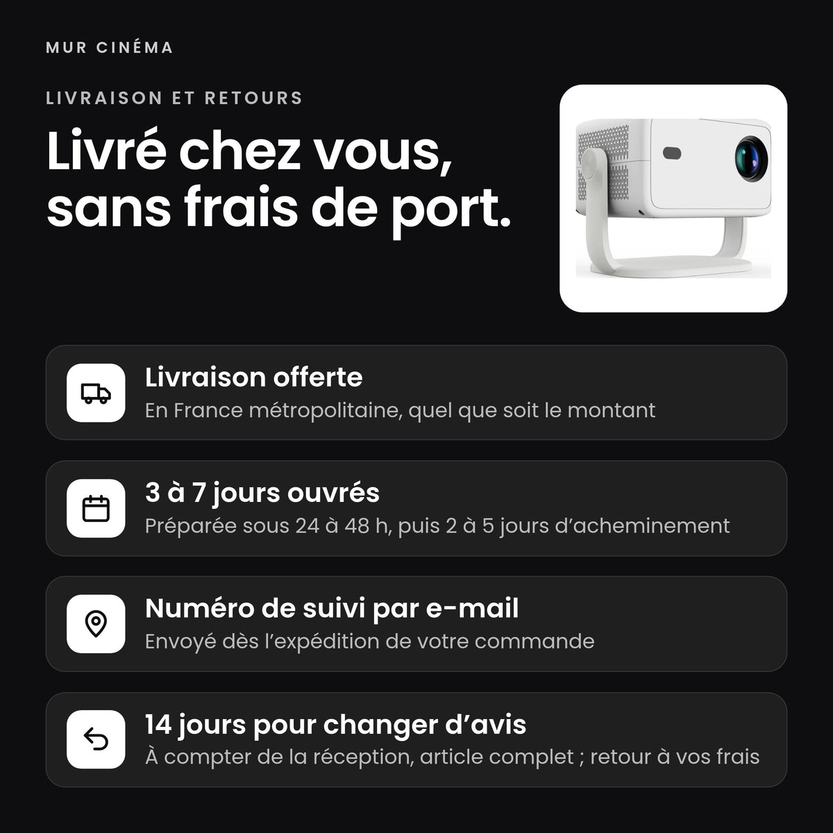 Visuel Mur Cinéma : livraison offerte, suivi par e-mail et 14 jours pour changer d'avis