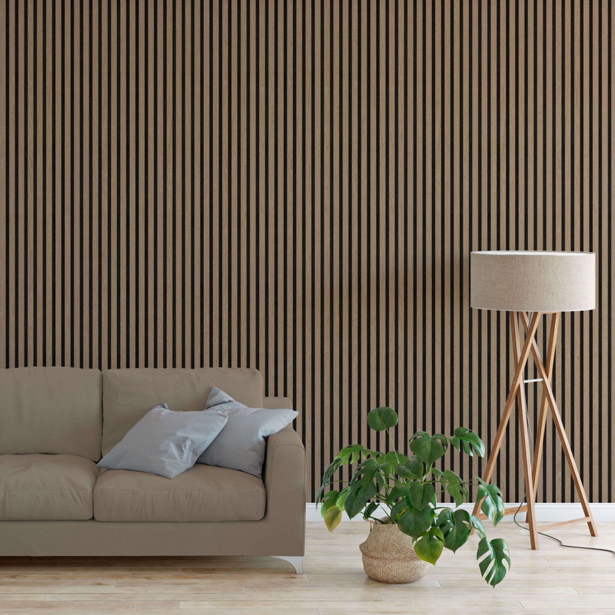 Mur de salon habillé de panneaux à lames noyer