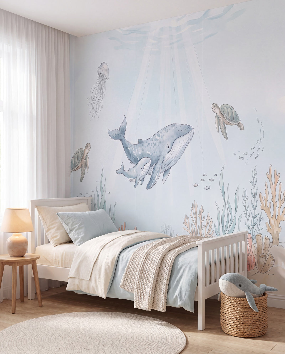 Papier peint panoramique Océan et baleine dans une chambre d'enfant, mise en situation