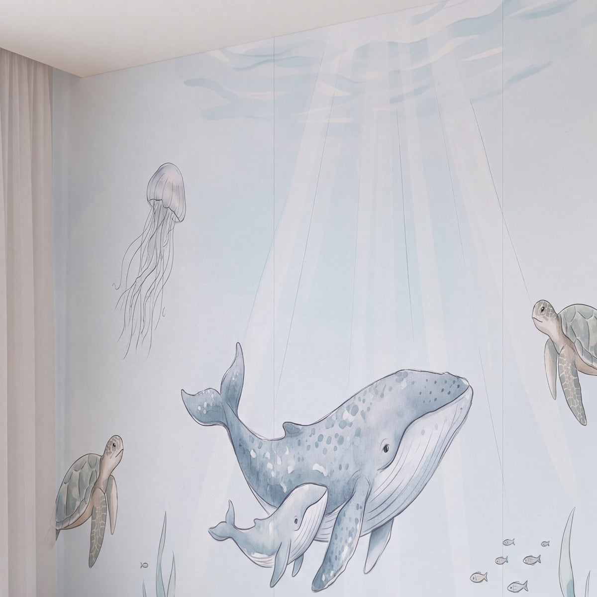 Papier peint Océan et baleine posé, vu de plus près