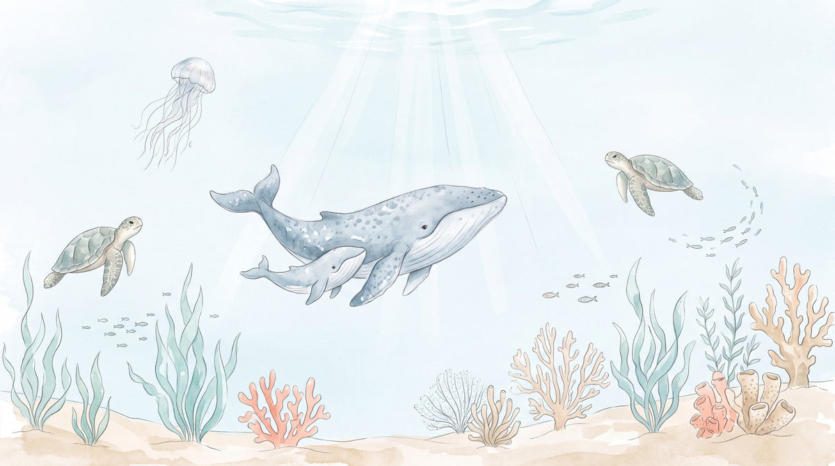 Dessin entier du panoramique Océan et baleine