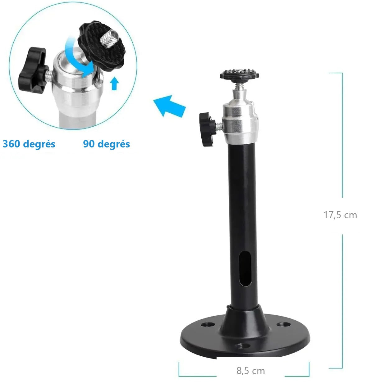 Rotation 360 degrés, inclinaison 90 degrés, hauteur 17,5 cm, embase 8,5 cm