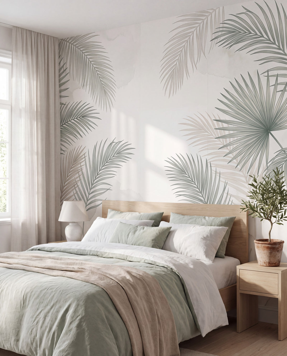 Papier peint panoramique Palmes épurées dans une chambre, mise en situation