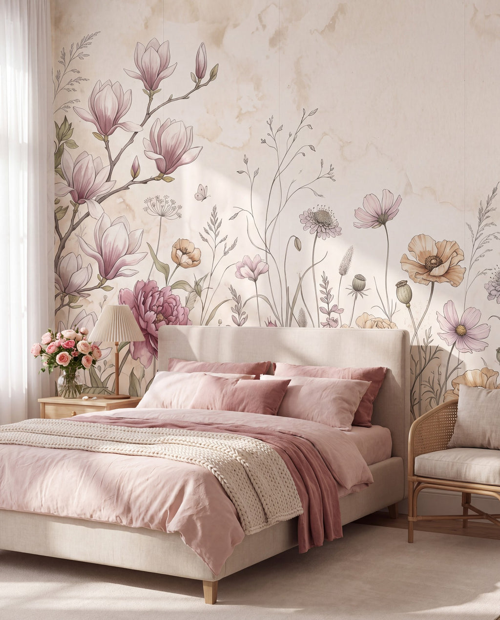 Papier peint panoramique Prairie aux magnolias dans une chambre, mise en situation