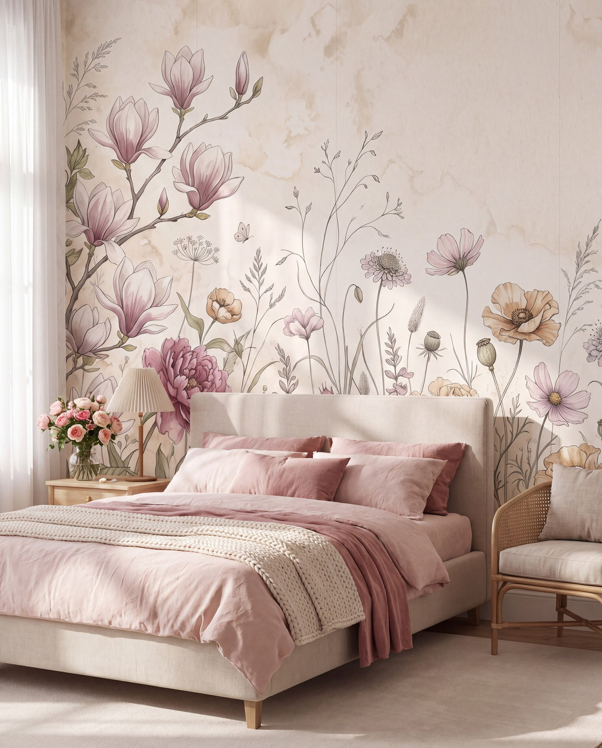 Papier peint panoramique Prairie aux magnolias dans une chambre, mise en situation