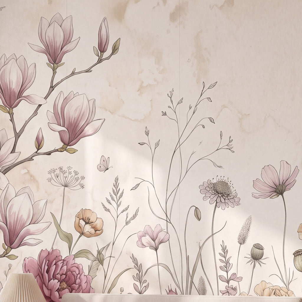 Papier peint Prairie aux magnolias posé, vu de plus près