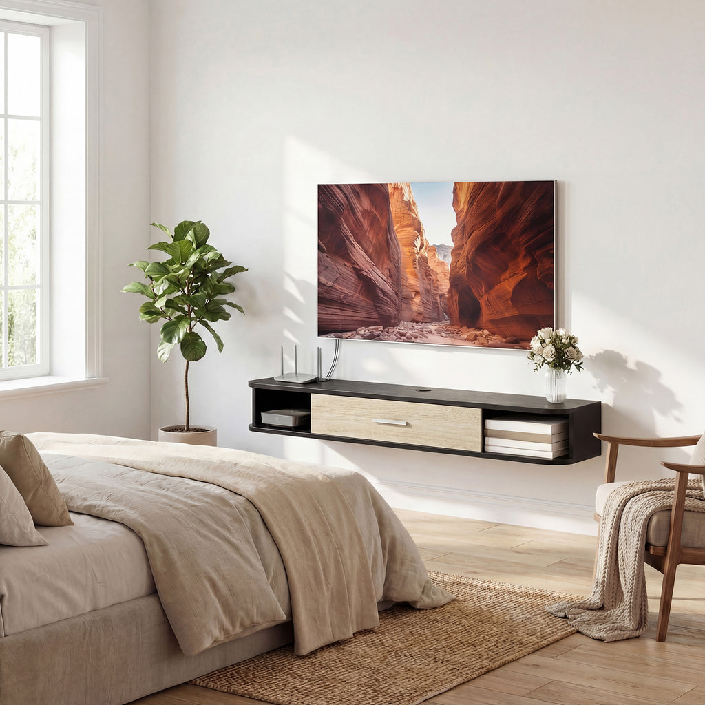 Meuble TV suspendu 120 cm dans une chambre