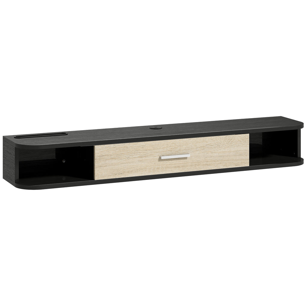 Meuble TV suspendu 120 cm noir, abattant chêne clair, vue de face