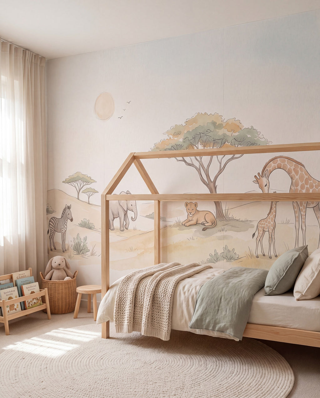 Papier peint panoramique Savane douce dans une chambre d'enfant, mise en situation