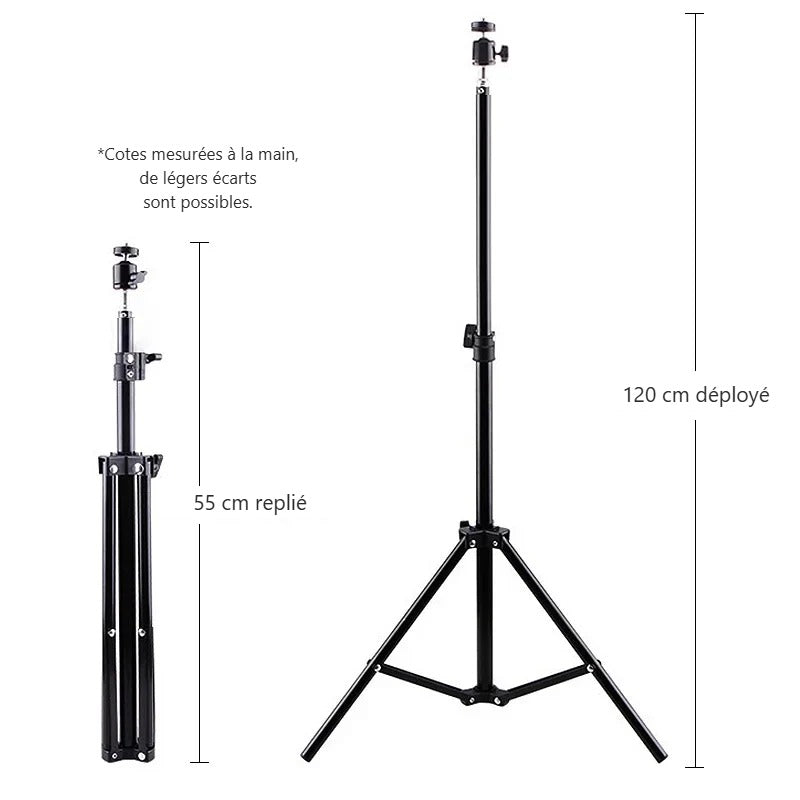 Trépied replié à 55 cm et déployé à 120 cm